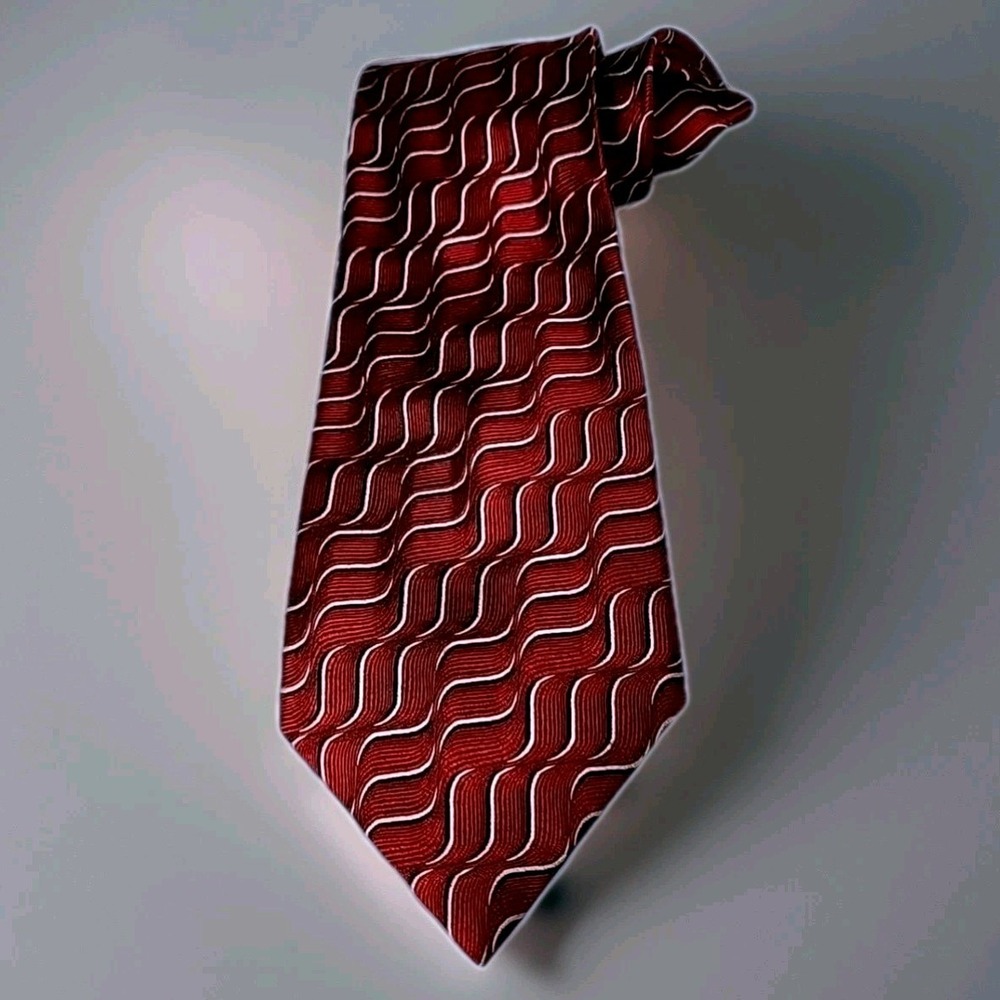 SPQR Handmade Silk Necktie Abstract Burgundy Black White Waves Elegant Versatile